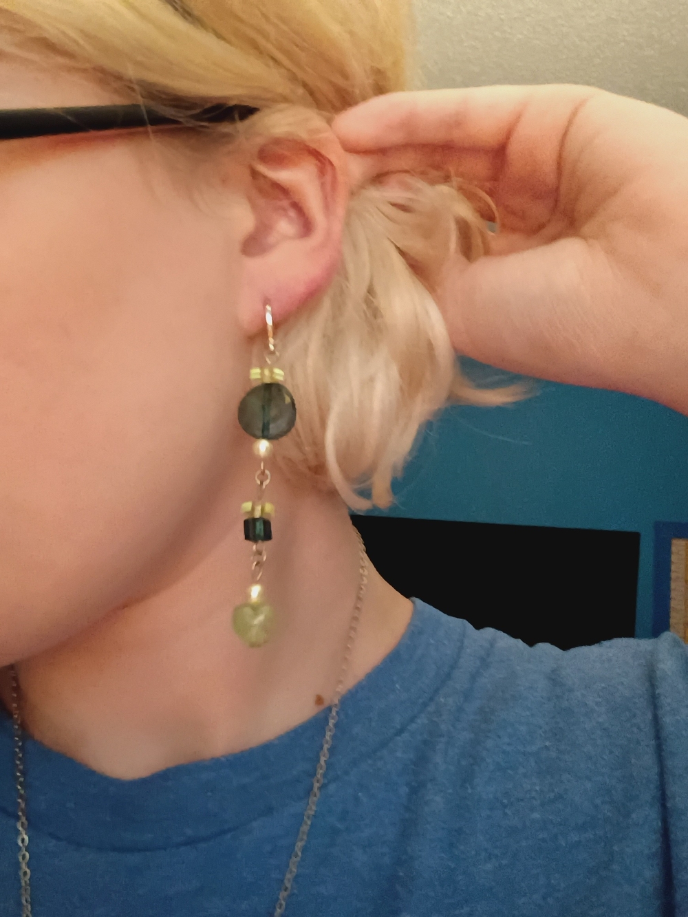 Handmade Green Bead & Heart Drop Earrings